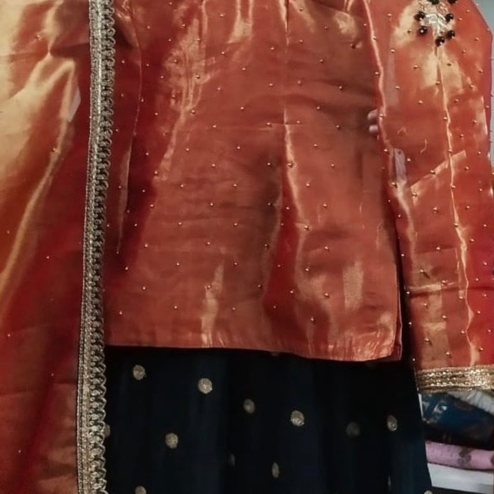 Elegant Burnt Orange and Dark Forest Green raw silk Pakistani/Indian lehenga